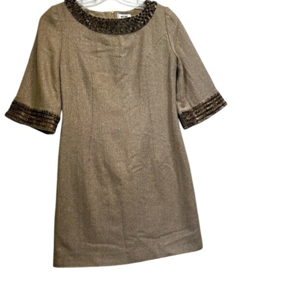 Moschino Vintage Y2K Beaded Gold A Line Mini Dress Metallic Wool Cotton Neutral - Picture 3 of 16
